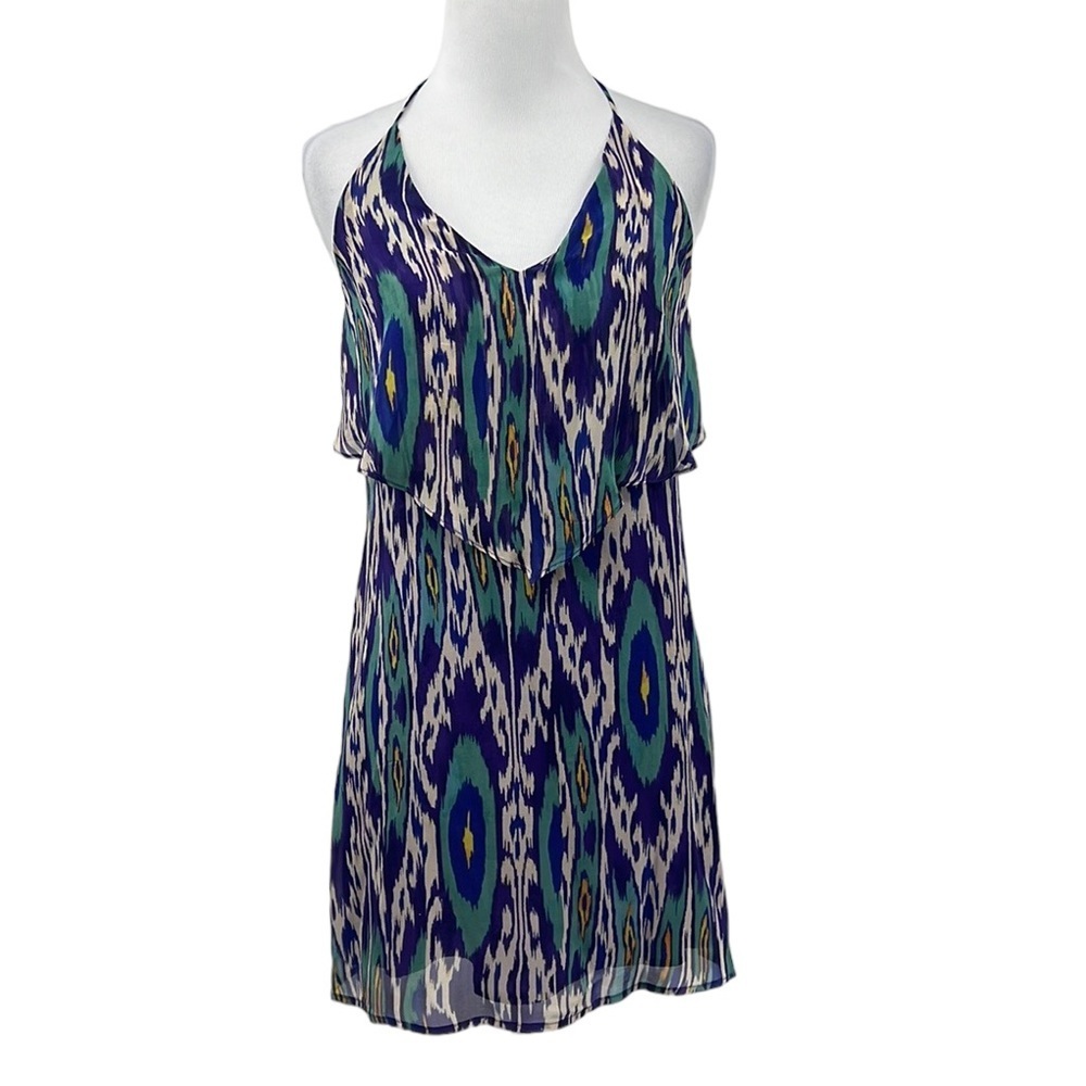 Rory Beca‎ Mini Dress Womens XS Blue Green Silk Ikat Halter Chiffon Blouson